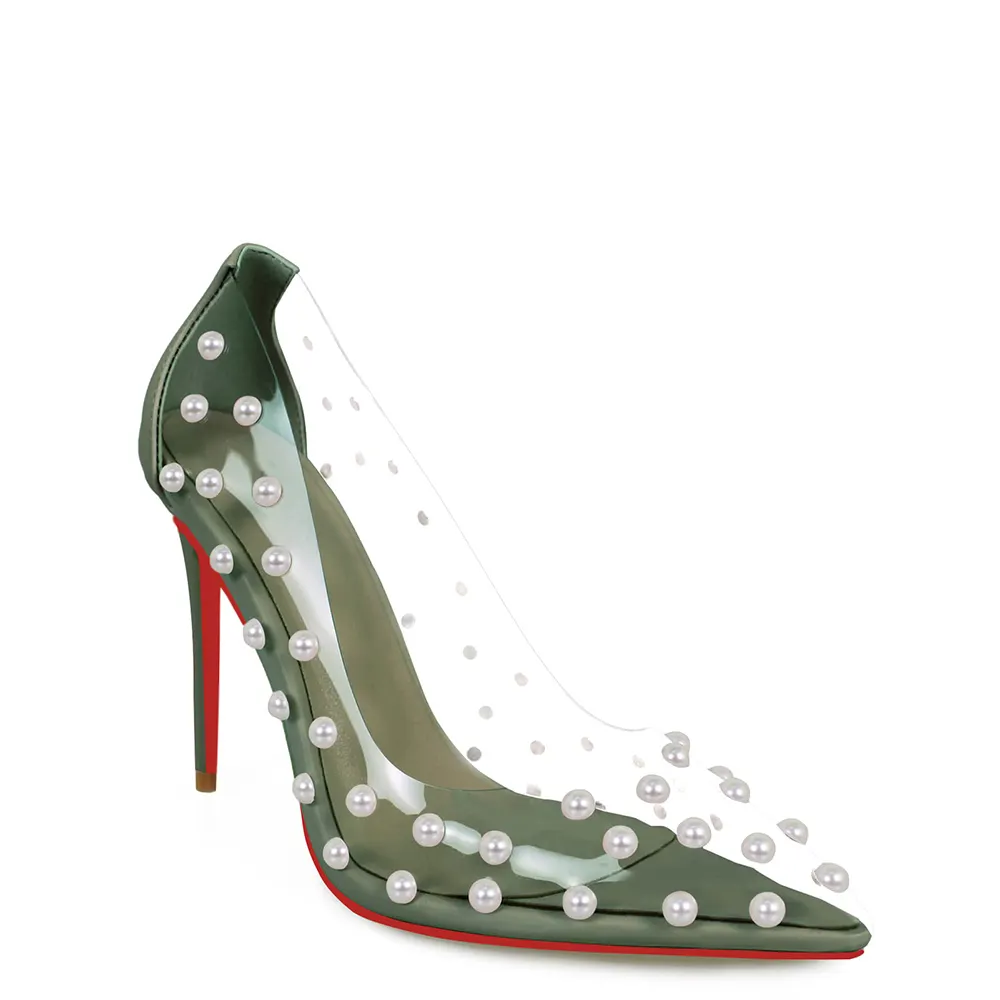 100mm Women's Pumps Pointed Toe Women High Heel Shoes Fashion Pearl Studded PVC Clear Heels Party Dress Red Bottom Shoes-vocosishoes