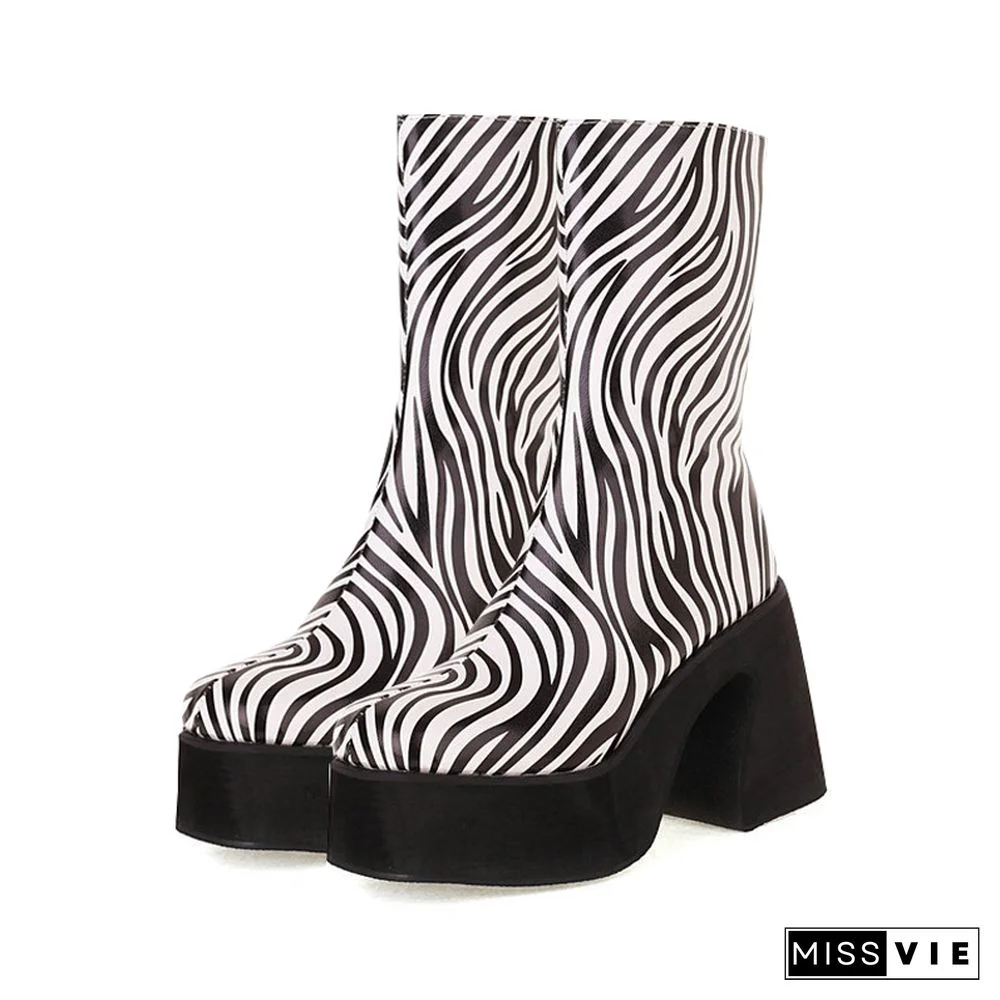 Zebra Cow Print Slip-On Platform Boots