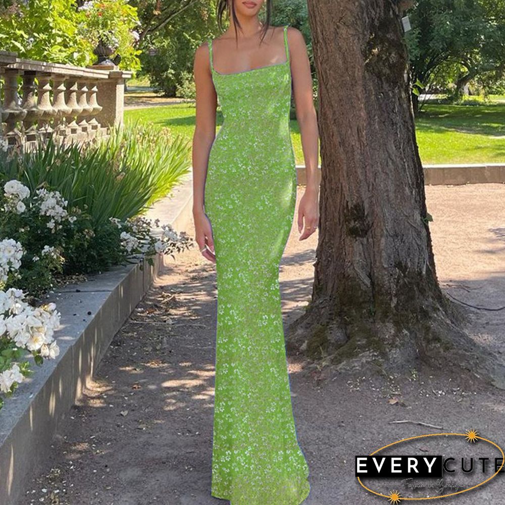 Green Backless Spaghetti Straps Floral Dress