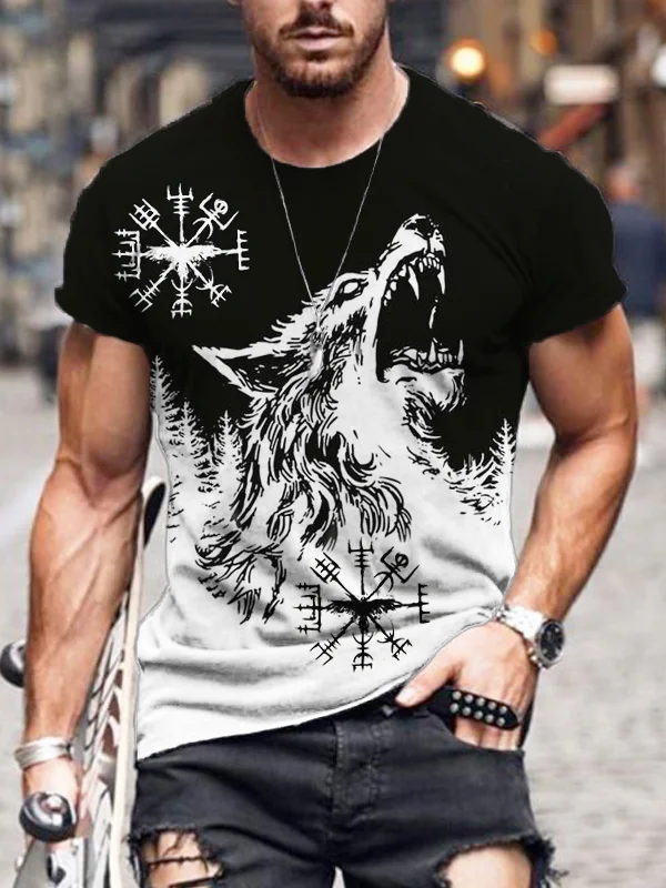 Wearshes Men's Viking Wolf Fenrir & Compass Graphic Short Sleeve T Shirt