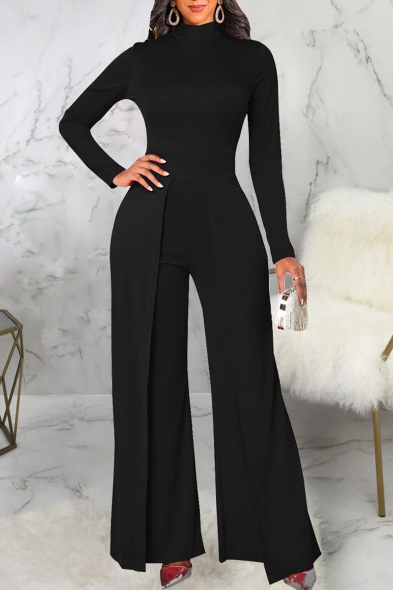 Casual Solid Split Joint Half A Turtleneck Straight Jumpsuits