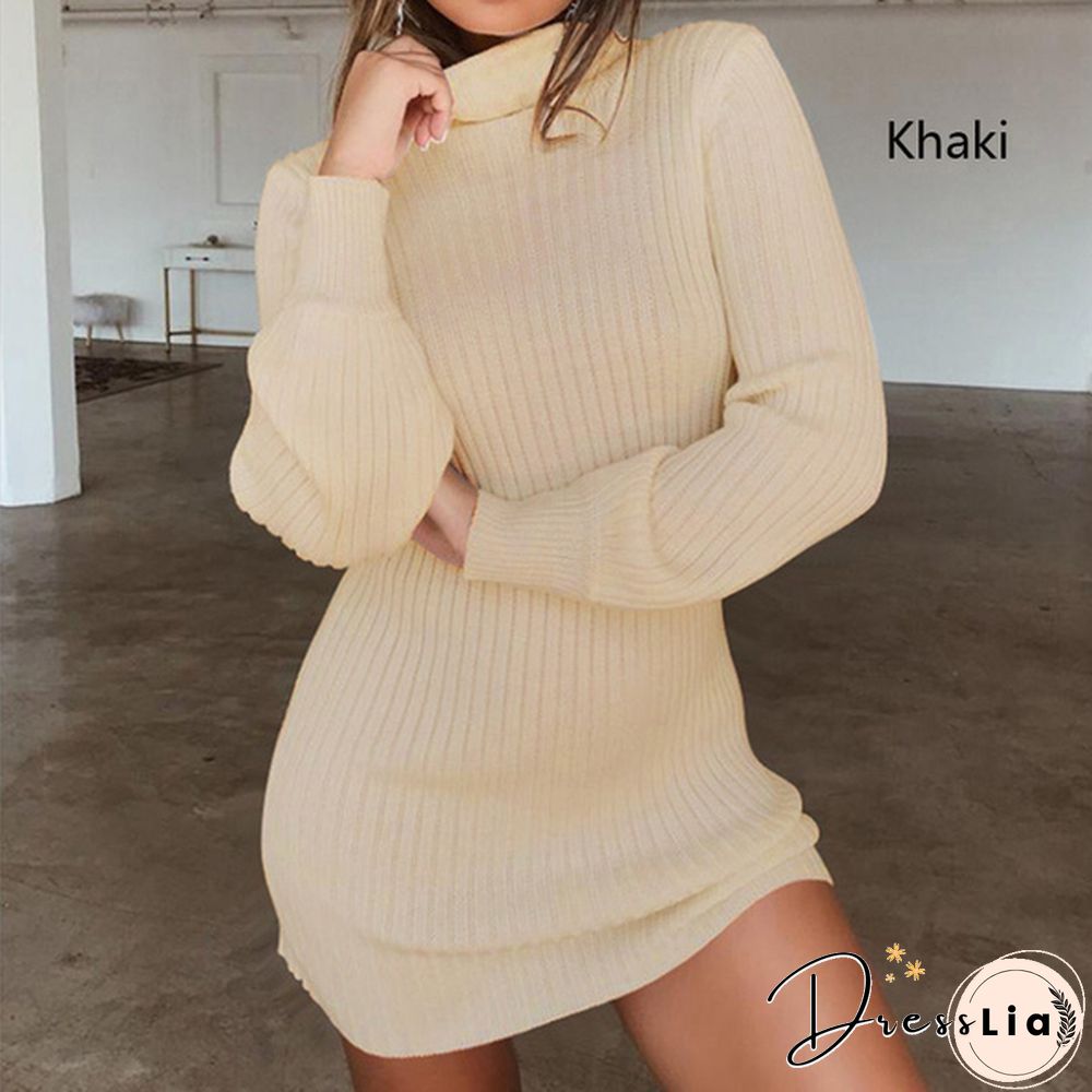 Women Autumn and Winter Long Sleeve Knitted Sweater Dress Ladies Fashion Keep Warm Knitting High Collar Slim Fit Bottoming Mini Knitting Dress