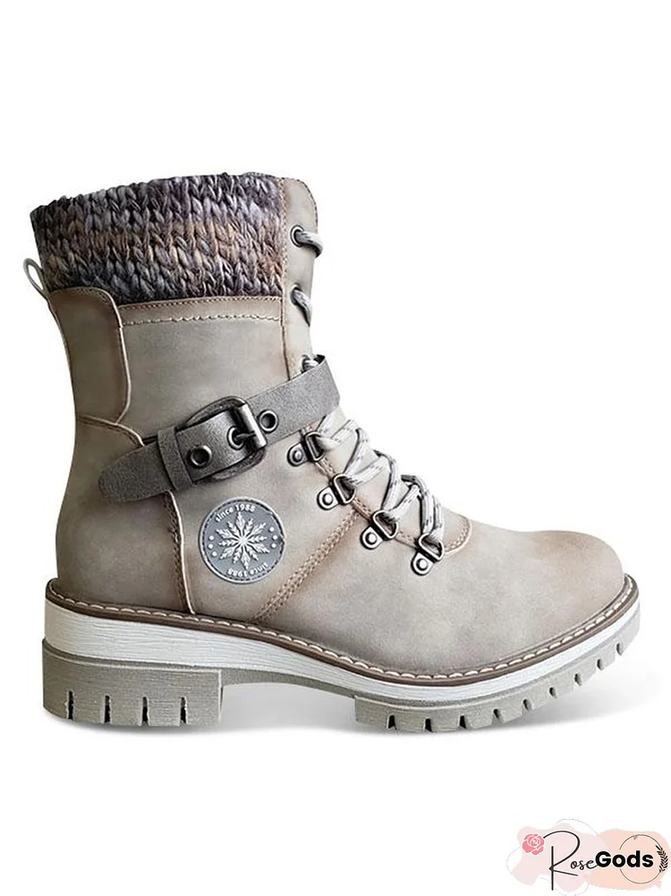 Wool Stitching Pu Lace Buckle Middle Snow Boots