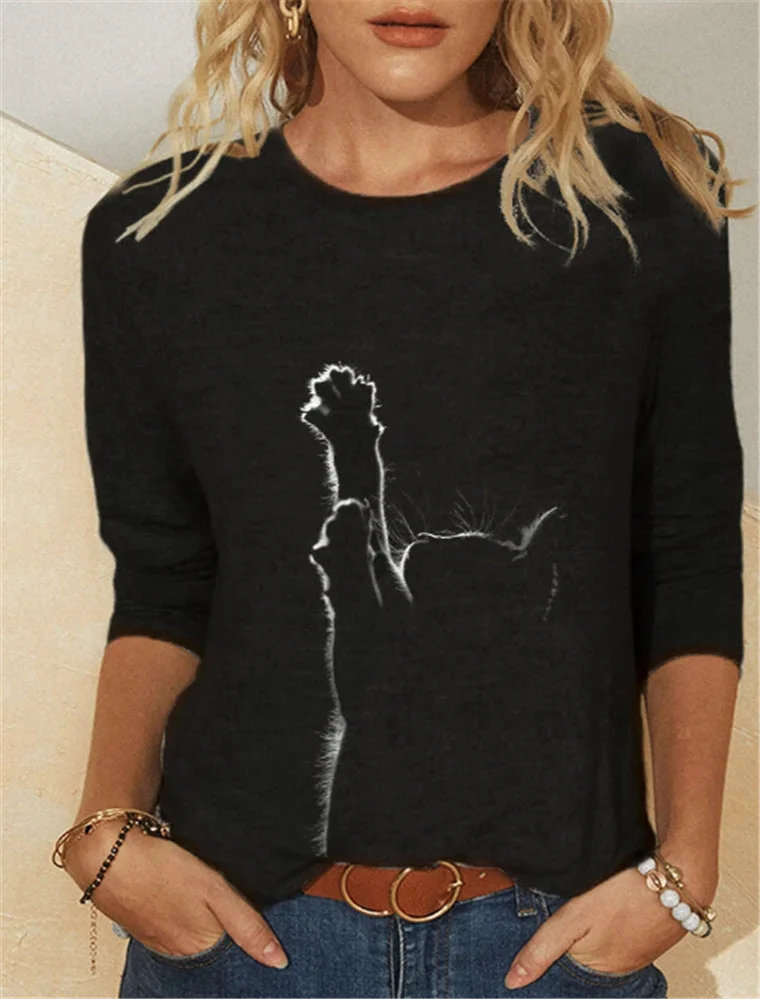 Brownm Knitted Leisure Long-sleeved Animal Print Round Neck Casual T-shirt