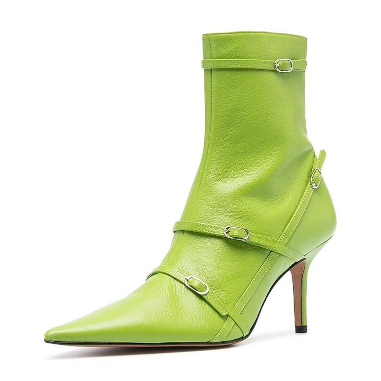 FSJ Lime Green Buckle Boots Pointy Toe Ankle Boots |FSJ Shoes