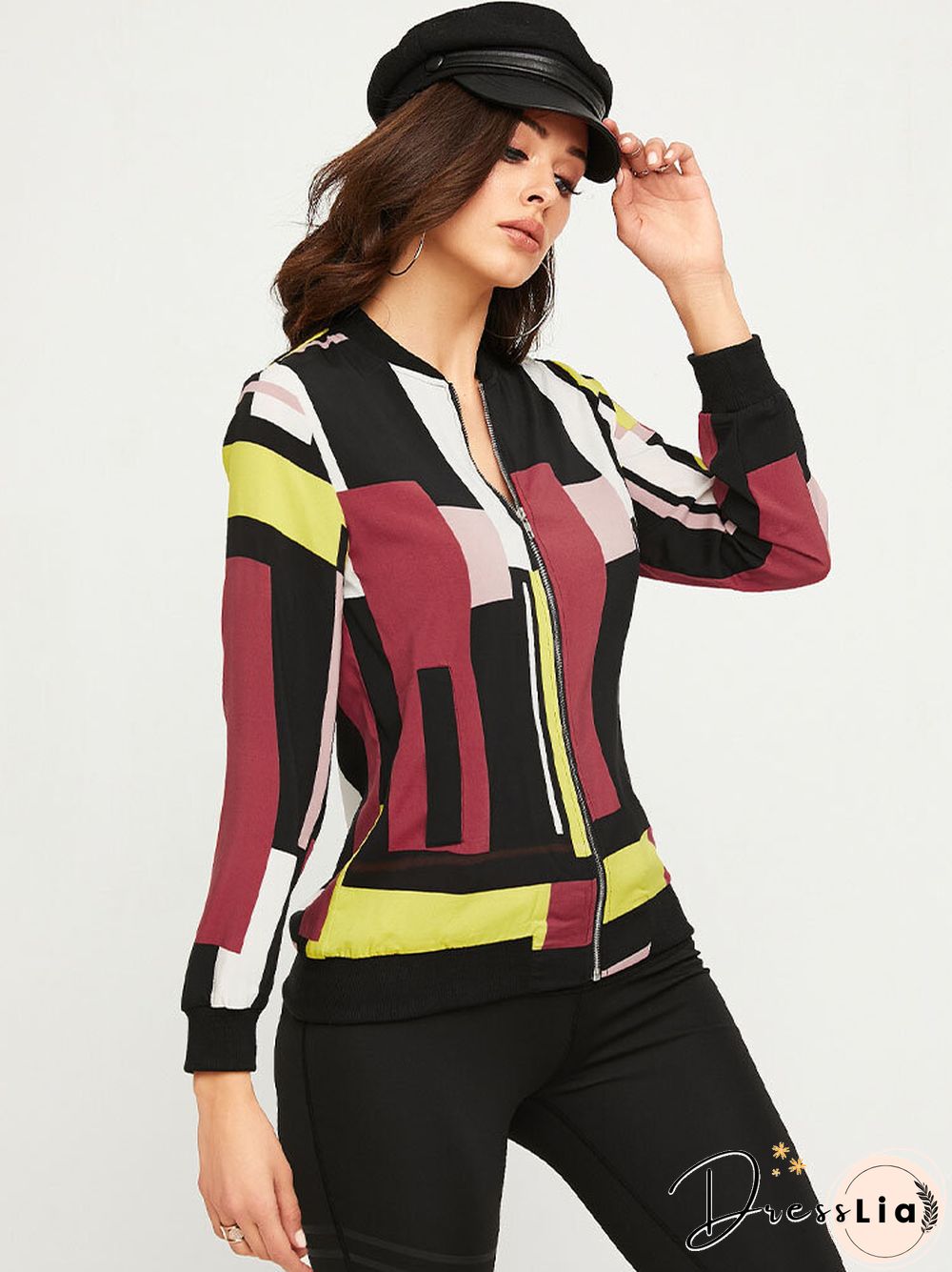 Geo Print Zip Front Pocket Long Sleeve Stand Collar Jacket