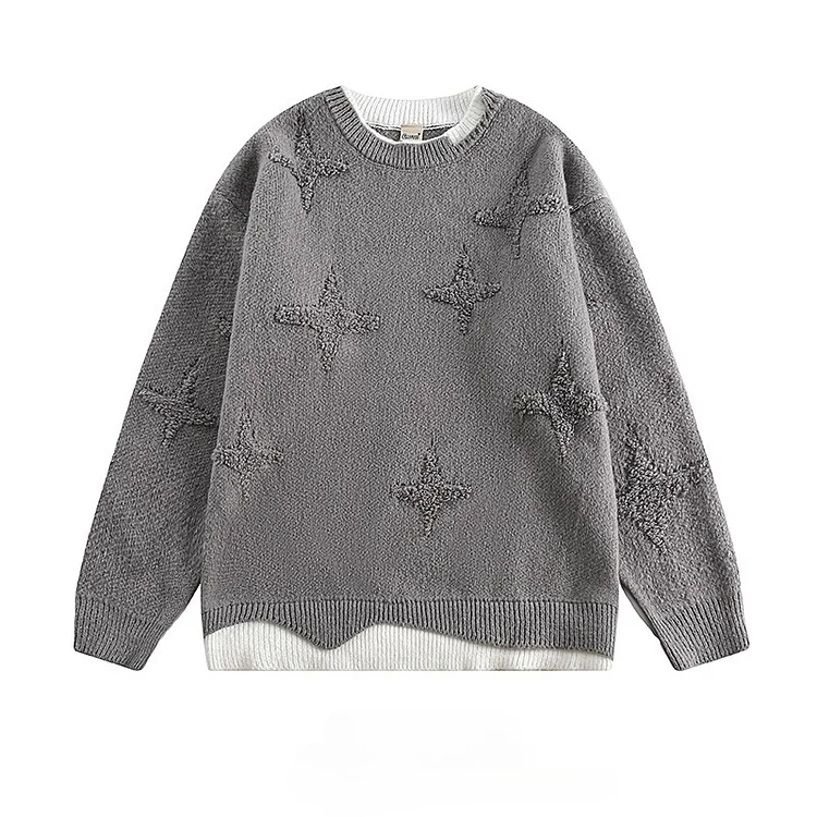 Traceeye American Trendy Brand Fake Two-piece Round Neck Christmas Sweaters Men's Autumn Winter Casual Warm Couple Pullovers Knitted Tops