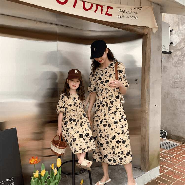 Mommy and Me Beige Floral Chiffon Dress