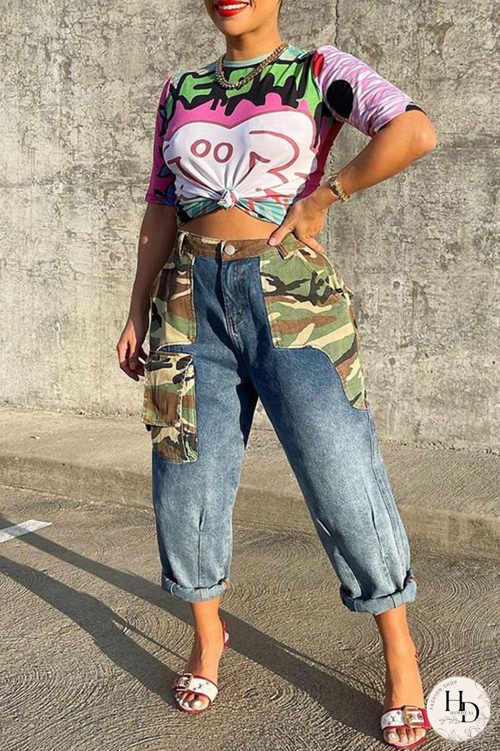 Blue Street Print Camouflage Print Patchwork High Waist Loose Denim Jeans