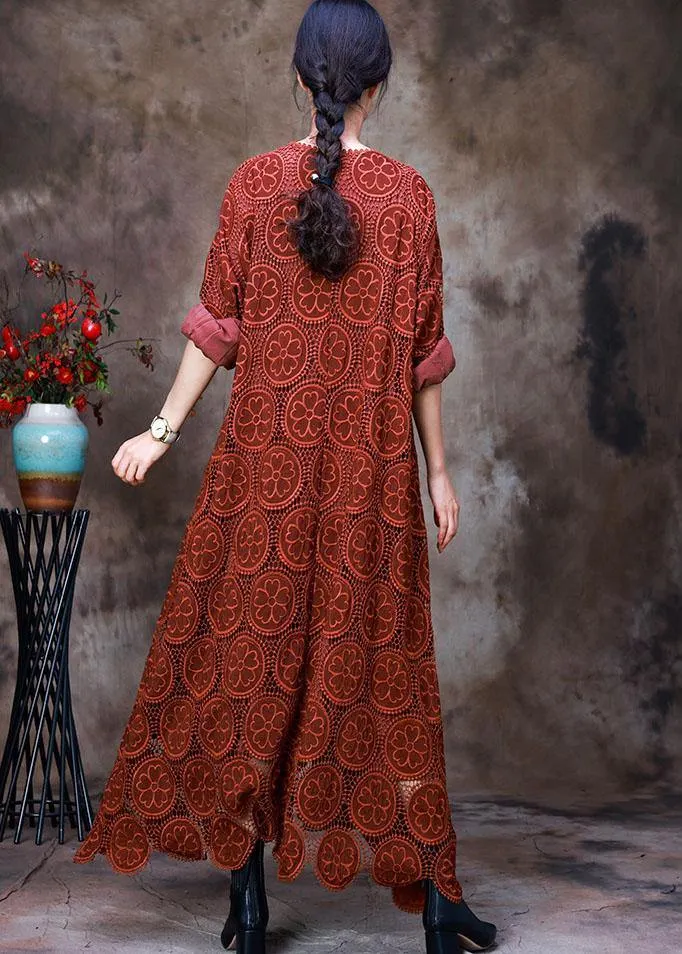 Vintage Orange Embroideried asymmetrical design Fall Dress Long sleeve