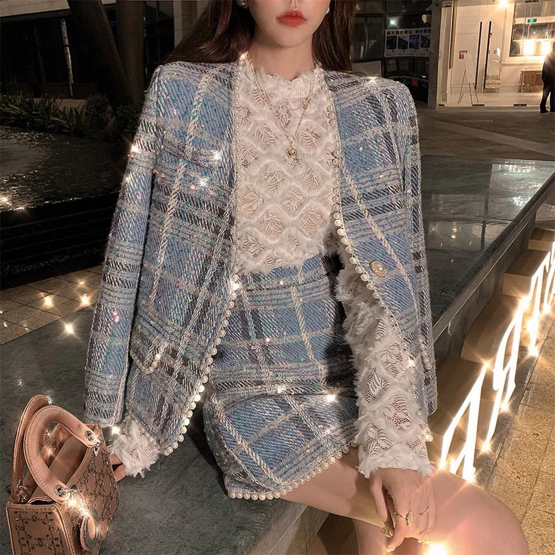 S-XL Korean Elegant Pearl Plaid Tweed Jacket+High Waist A-Line Skirt Set SP16991