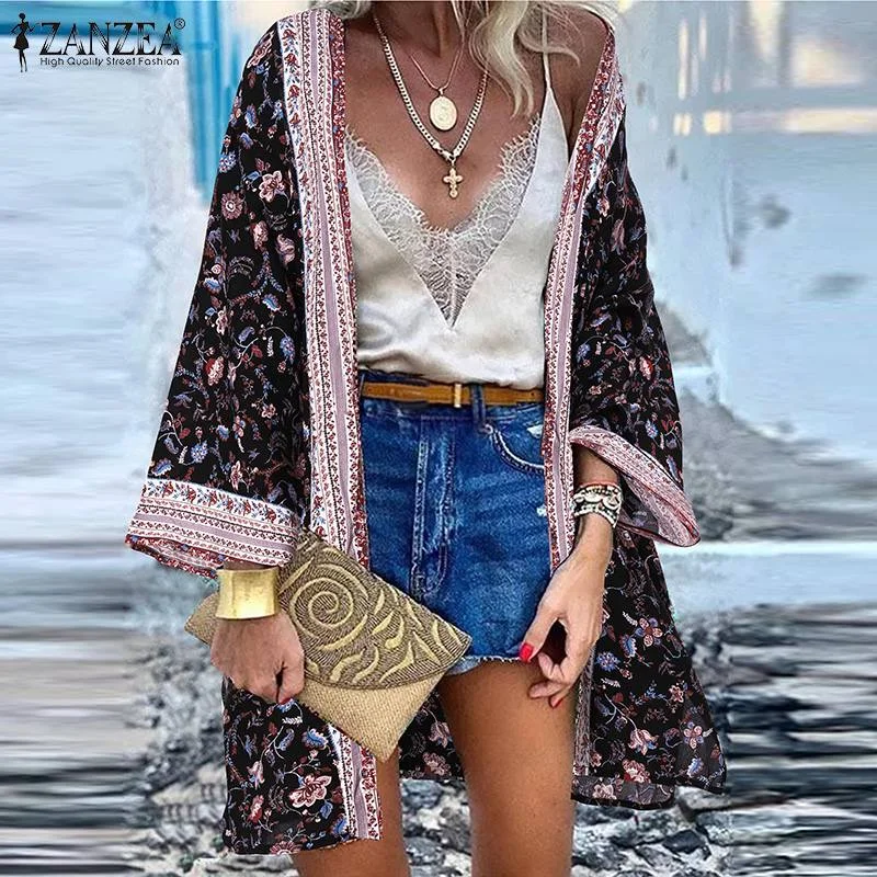 ZANZEA Women Bohemian Summer Long Sleeve Open Front Blouse Fashion Beach Cover Ups Kimono Tops Floral Printed Long Cardigan