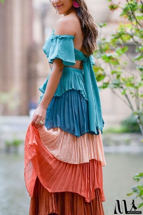 MidiSono - Pleat Layers Off Shouder Skirt Dress