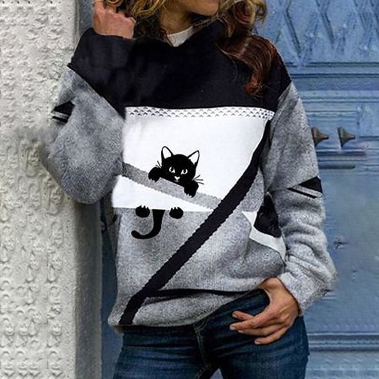 Vefave Contrast Panel Cat Print Long Sleeve Casual Hoodie