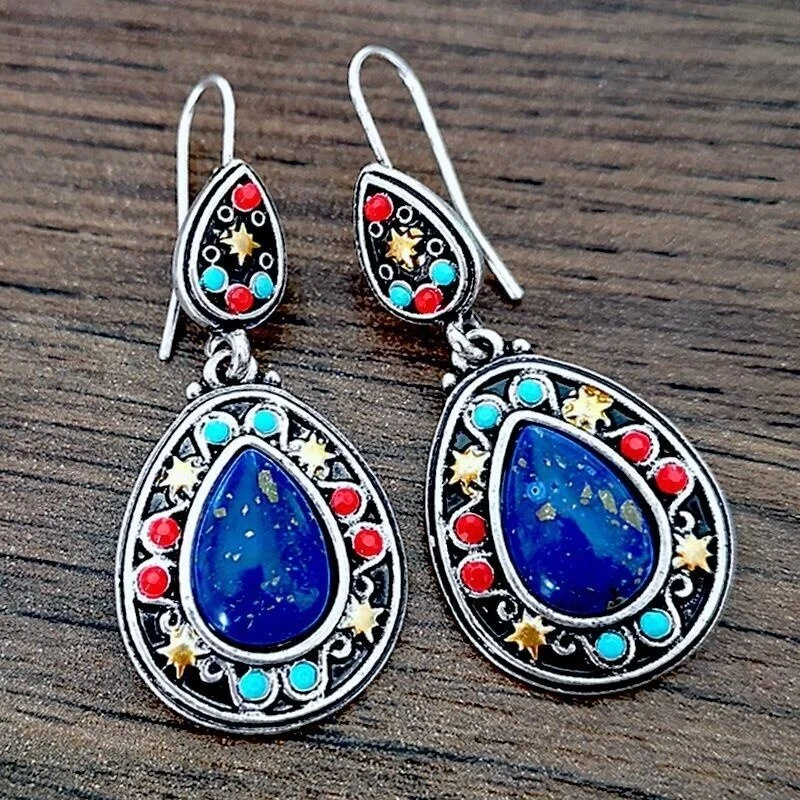 Gorgeous Silver Women Earrings Inlaid Natural Stone Bohemia Drop Earrings for Women Bridal Engagement Wedding Jewelry Gift