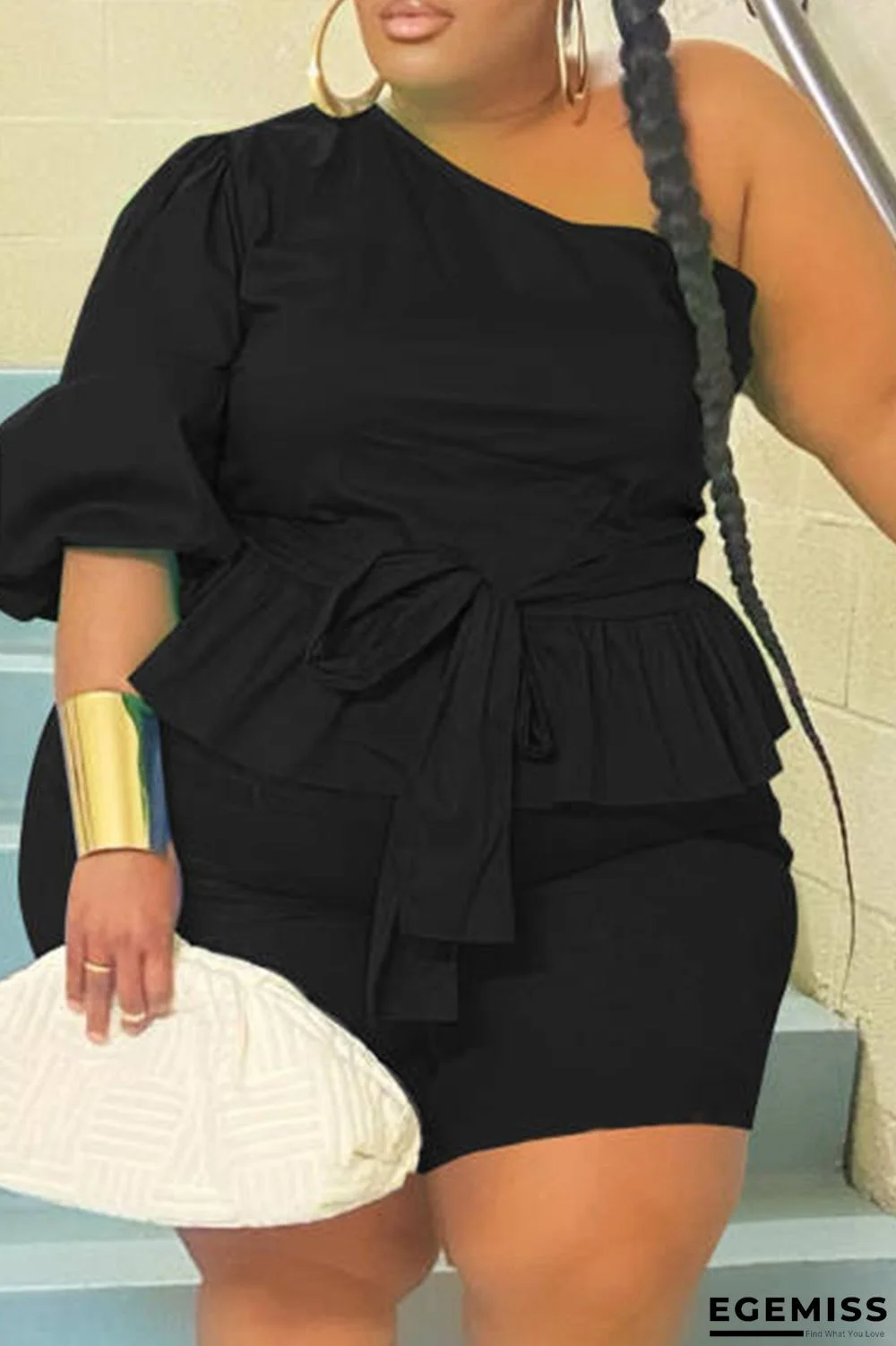 Black Fashion Casual Solid Backless Oblique Collar Plus Size Two Pieces | EGEMISS
