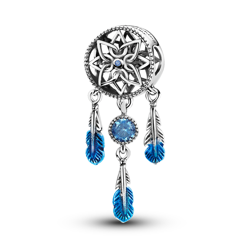 925 Sterling Silver Dream catcher With Feather Pendant CZ Cubic Zircon Charm fit Charm Bracelet DIY Jewelry KTC051