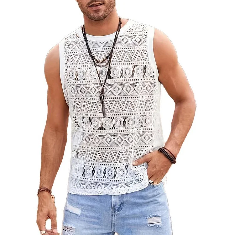 Men's Casual Solid Color Lace Hollowed Out Vacation Tank Top 58943331Y