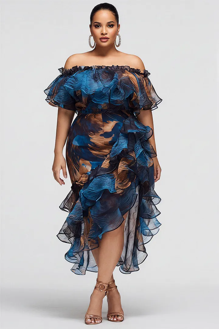 Xpluswear Design Plus Size Cocktail Party Blue Graphic Off The Shoulder Ruffle Tiered Chiffon Midi Dresses 2024 - Xpluswear