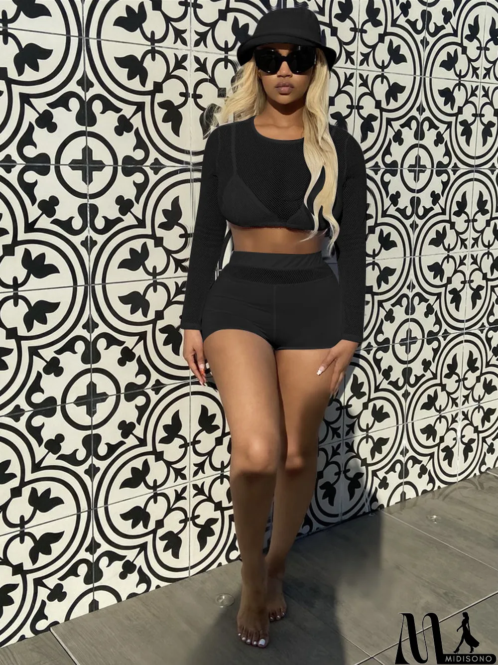 MidiSono - Solid Long Sleeve Breathable 2 Piece Shorts Set