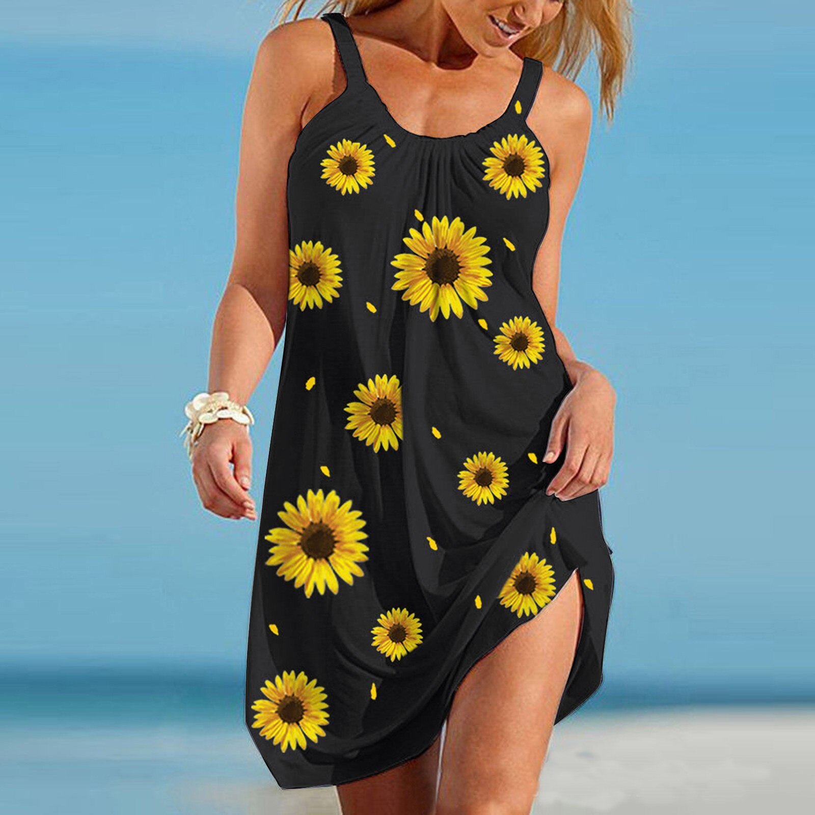 Women Sunflower Printed Loose Mini Dress Beach Dress Female Summer Cotton Plus Size Casual Sleeveless Dress