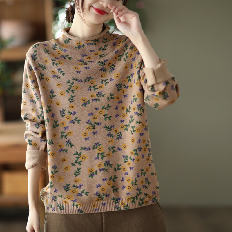 Women Long Sleeve V-neck Graphic Floral Printed Top