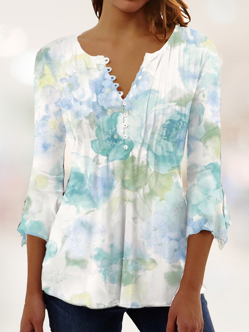 Women Long Sleeve V-neck Graphic Floral Printed Top