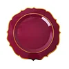 10 Pack | 8" Burgundy Plastic Dessert Salad Plates, Disposable Tableware Round With Gold Scalloped Rim