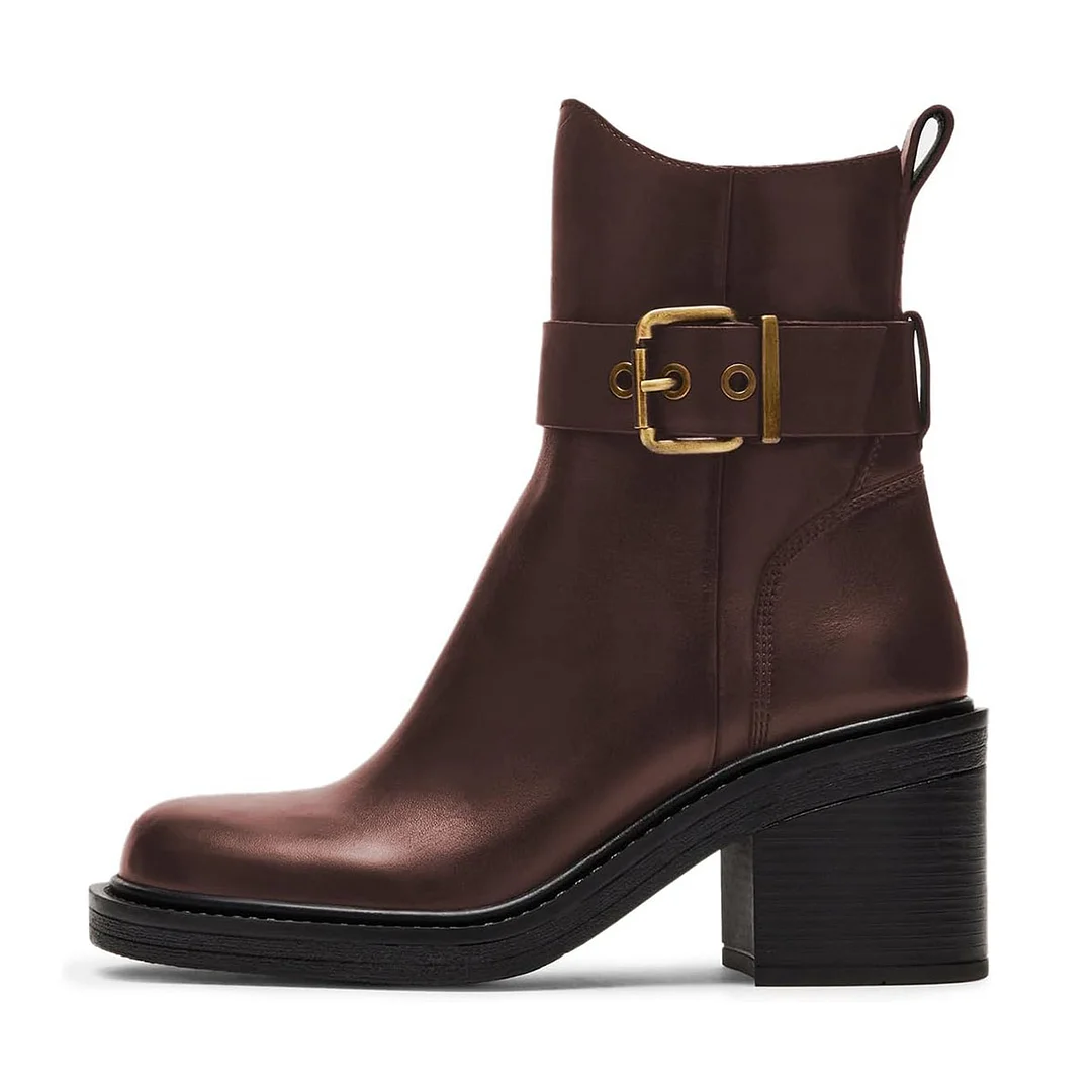 Dark Brown Vegan Leather Round Toe Buckle Inlay Block Heel Ankle Boots