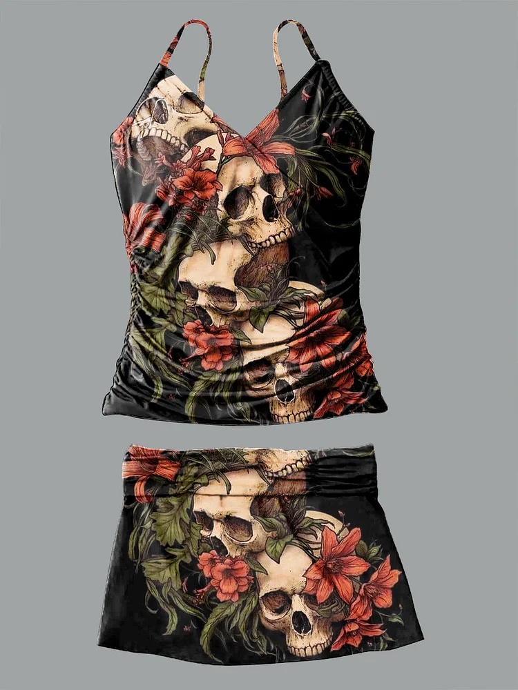 V Neck Vintage Dark Rose Skull Pattern Halter Pants Skirt Set Swimsuit