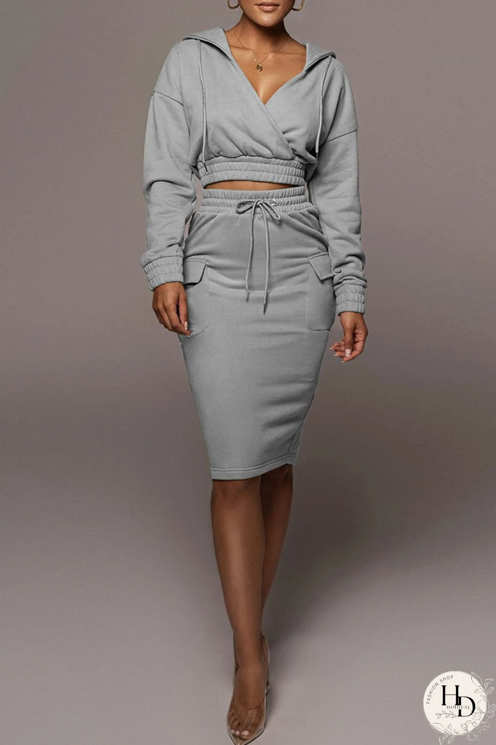 Grey Casual Solid Split Joint Pocket Hooded Collar Long Sleeve Two Pieces