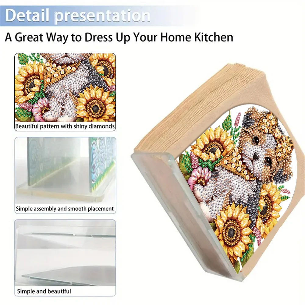 DIY Sunflower Puppy Acrylic Napkin Holder Diamond Painting Kit for Home Table Decor