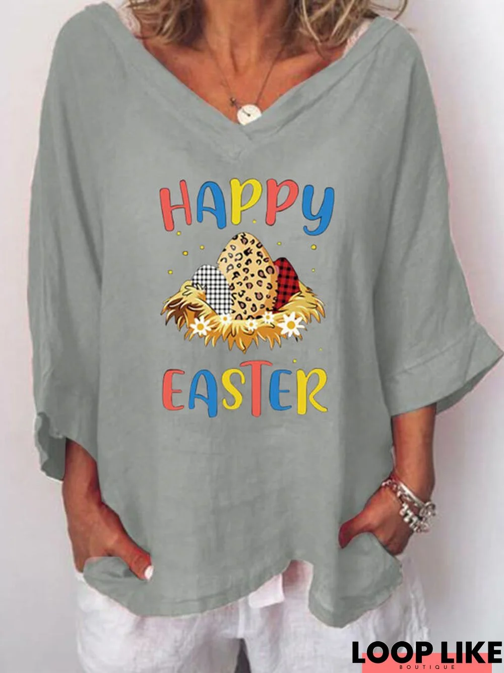 Plus Size Long Sleeve Easter Egg Print T-shirt