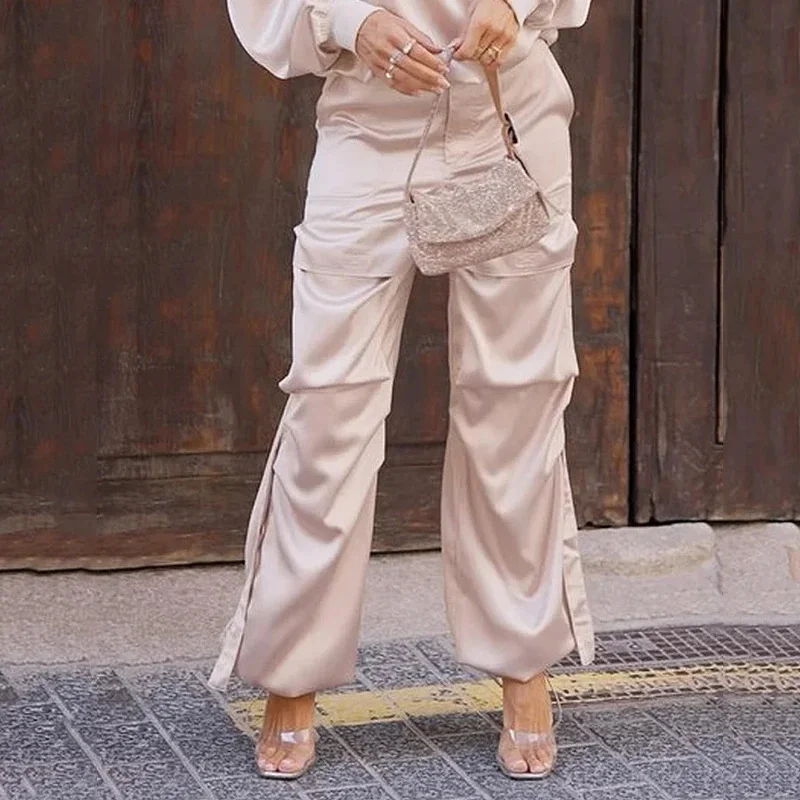 Nigikala Nigikala 2023 New Pure Color Silk Light Round Collar Long Sleeve Top Fashion Cargo Pants Suit