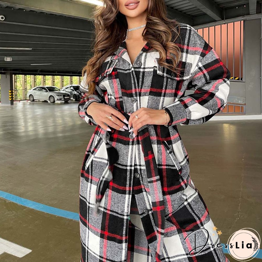 Retro Plaid Print Coat Ladies Casual Long Sleeve Lapel Single Breasted Woolen Coats Women Loose Lace Up Asymmetrical Jacket