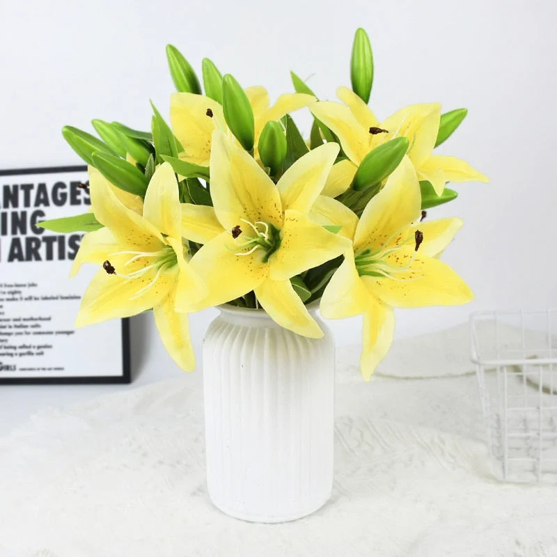 5Pcs 38cm White Lily Artificial Flowers Party Wedding Bridal Bouquet Fake Plant for Living Room Home Garen Decoration Real Touch