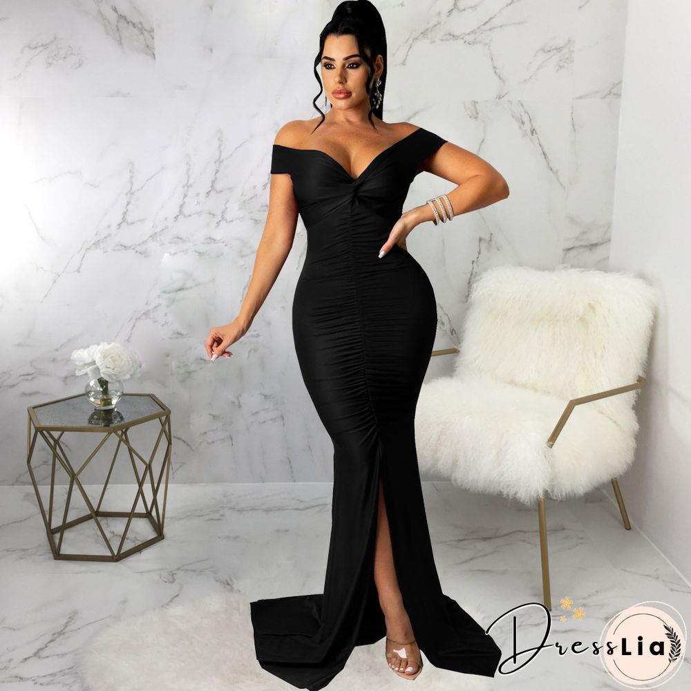 Low Cut Slash Neck Ruched Split Maxi Cocktail Dresses