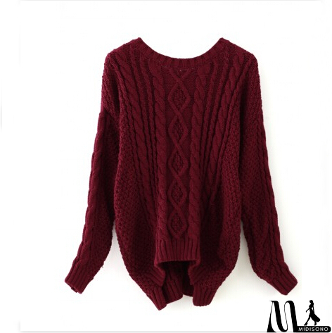 MidiSono - Wine Red Round Neck Cable Knit Sweater