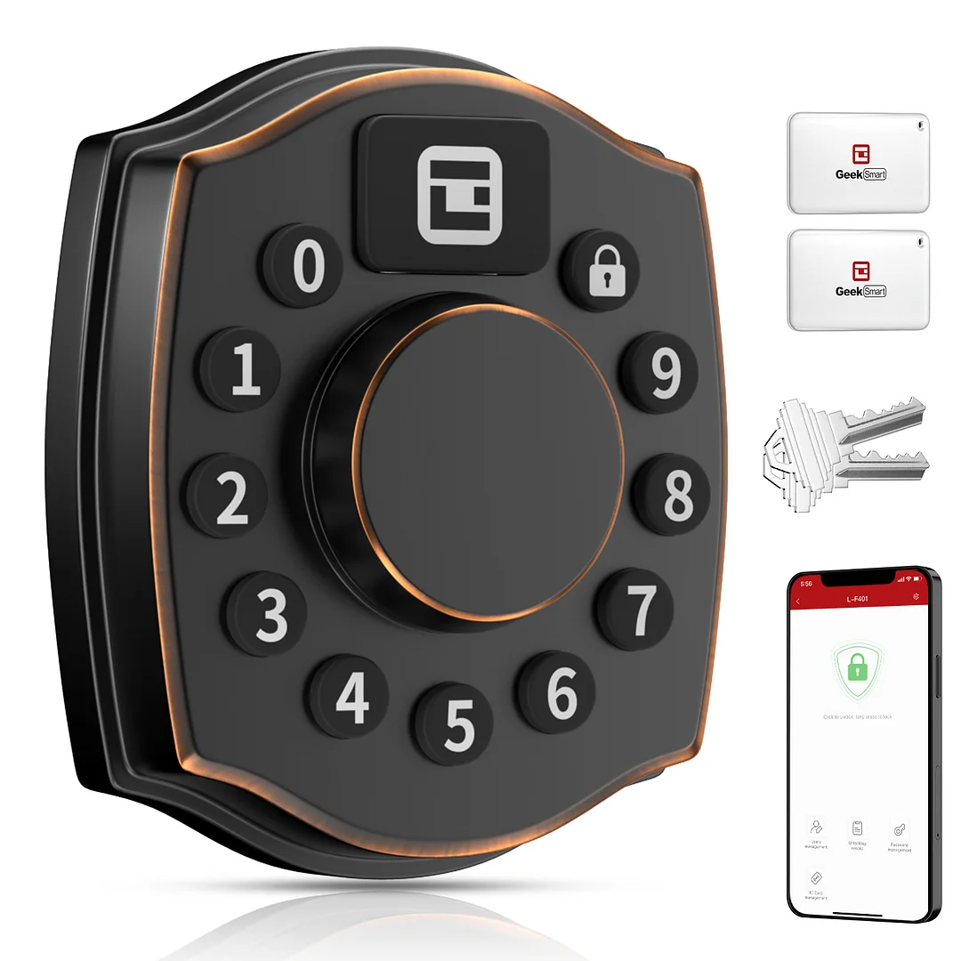 L-F401 Smart Door Lock, Geek 4-in-1 IP65 Waterproof Anti-Fog Keyless Entry Deadbolt Door Locks with Keypad Remote Control with APP, IC Card, Mechanical Key Low Temperature Start Front Door External Lock