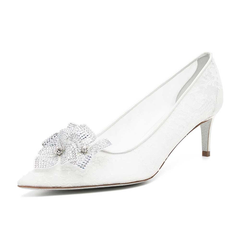 White Lace Crystal Floral Pointed Toe Wedding Shoes with Kitten Heel Nicepairs