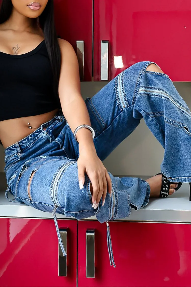 Plus Size Daily Blue Pocket Casual Ripped Zipper Denim Jeans [Pre-Order]