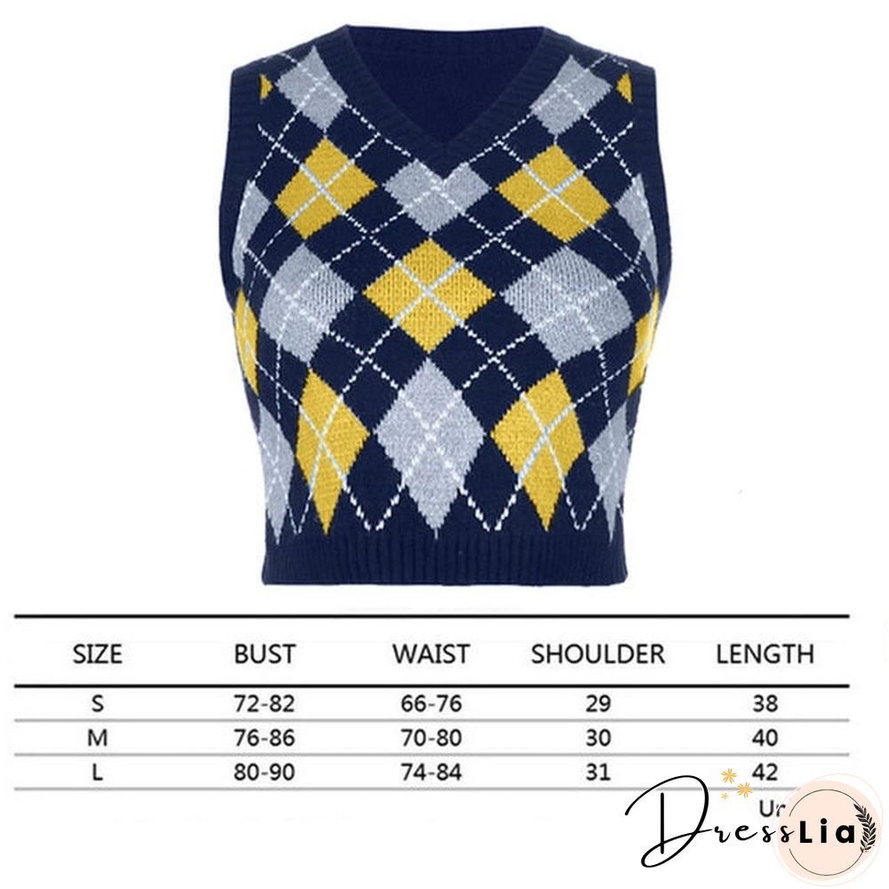 V Neck Vintage Argyle Sweater Vest Women Black Sleeveless Plaid Knitted Crop Sweaters Casual Autumn Preppy Style tops