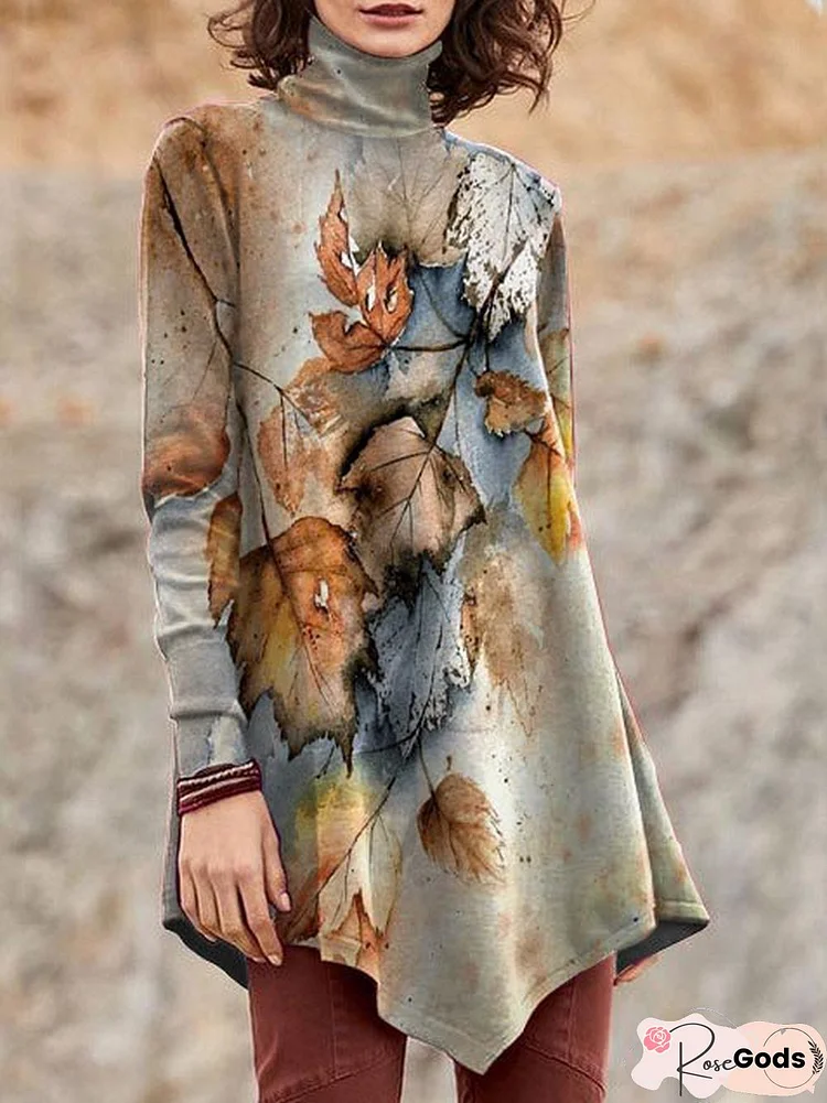 Artistic Nature Landscape Floral Grass Tree Oil Painting Print Irregular Hem Stand Collar Blouse