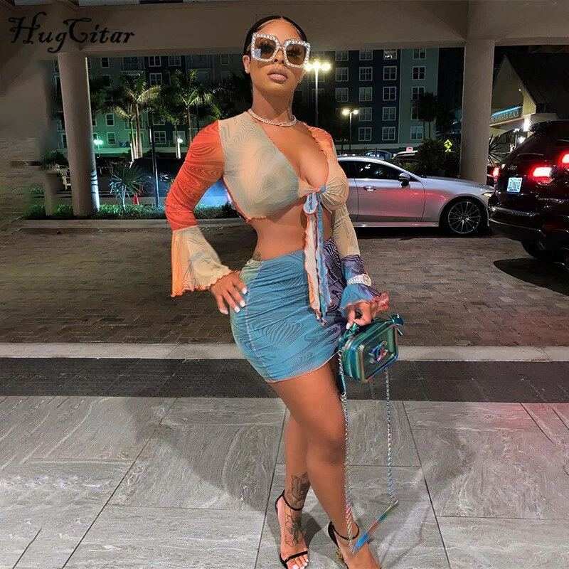 Hugcitar 2020 Long Sleeve Vintage Print Bandage Mesh Tshirt Top Skirt 2 Pieces Set Autumn Winter Women Fashion Sexy Party Club C