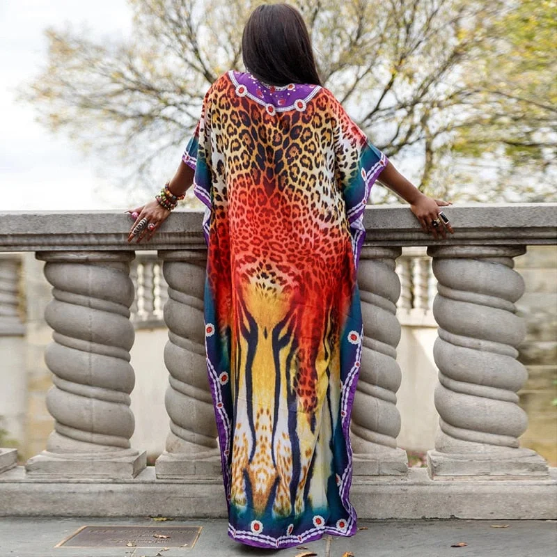 Fitshinling Leopard Print Oversize Beach Long Dress Women Holiday Boho Batwing Sleeve Robe Kaftan Side Split Straight Dresses
