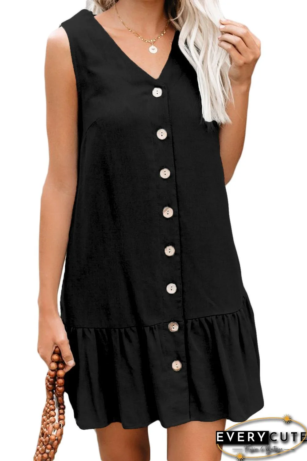 Black Pocketed Button Down Tank Dress