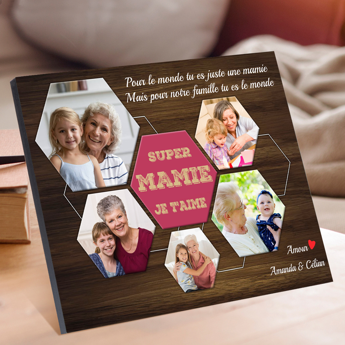 À ma Mamie - Cadre en Bois 2 Prénoms et 5 Photos Personnalisés Cadeau pour Super Mamie