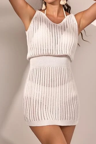 Crochet Hollow Out V Neck Vacation Beach Cover Up