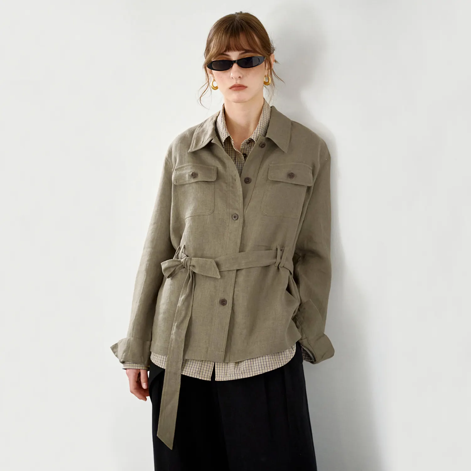Women's Linen Jacket Relaxed Fit Tie-Waist Belt REAL SILK LIFE