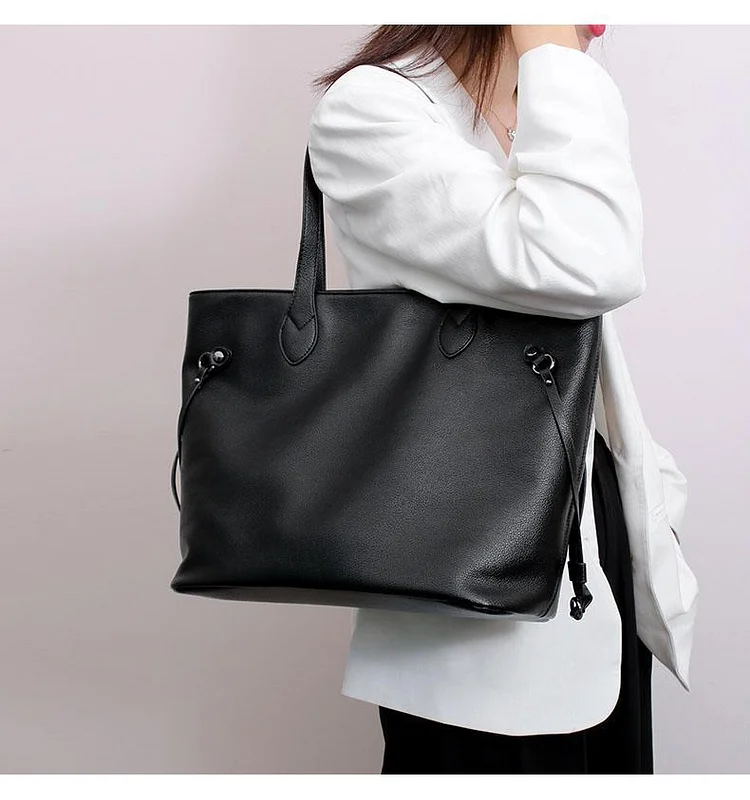 Large leather handbag shopping bag casual tote bag-Annaletters